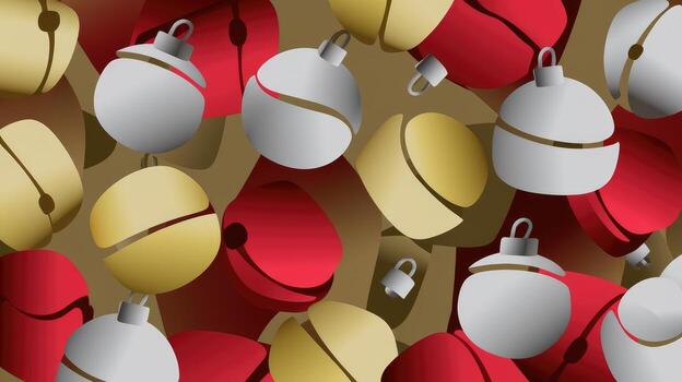 Gold and Silver Bells With Red Ornaments Arranged Abstractly photo