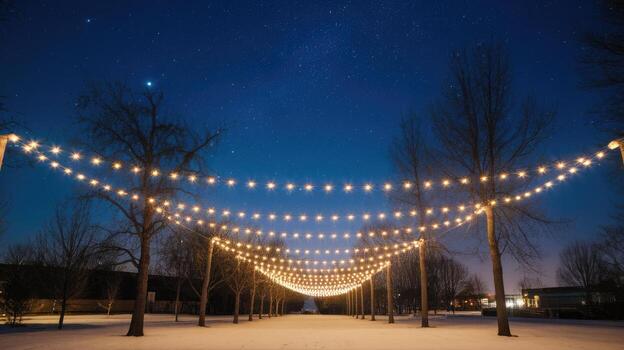 Winter Night Scene Features String Lights Illuminating a Snowy Landscape at Night photo