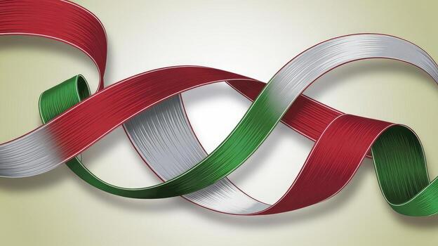 Red, White, and Green Ribbons Swirl Together on a Light Background, Forming a Festive Design photo