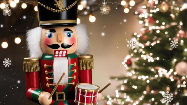 Nutcracker Holding Drum Stands Before Christmas Tree With Holiday Lights photo