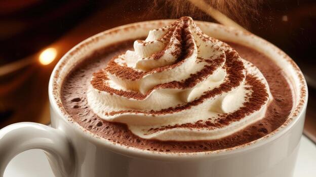 Close-up of Hot Chocolate Topped With Whipped Cream and Cocoa Powder in White Mug photo