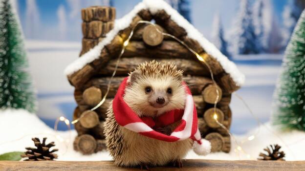 erizo vistiendo bufanda en invierno escena con un Iniciar sesión cabina foto