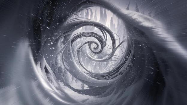 resumen invierno paisaje con arremolinándose nieve y congelado ramas en un túnel foto