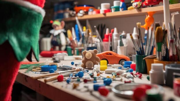 Inside Santas Workshop at the North Pole With Elf Making Toys photo