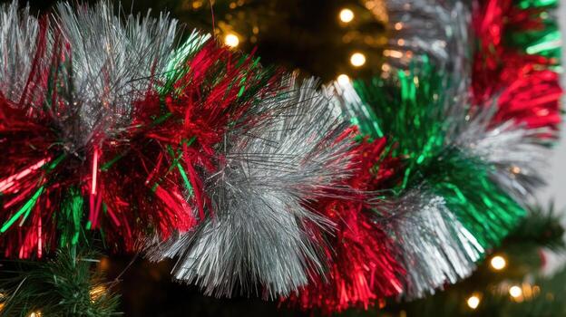 Christmas Tinsel Decorating a Fir Tree With Lights in the Background photo