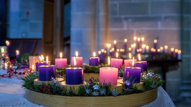 Lit Advent Wreath With Purple and Pink Candles in Church During Evening photo