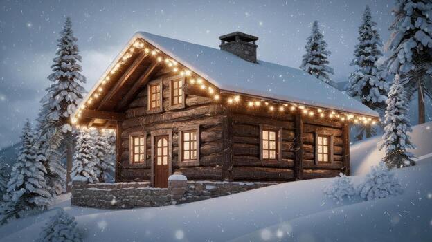 Iniciar sesión cabina brilla con calentar ligero durante un Nevado noche en el montañas foto