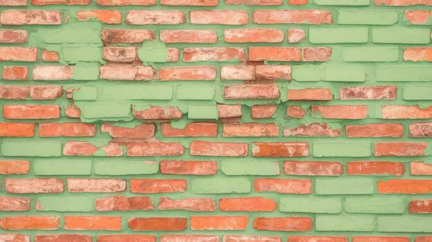 antiguo rojo ladrillo pared con descamación ligero verde pintar crea interesante textura y modelo foto