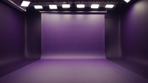 Empty Professional Studio Setup With Purple Backdrop and Lighting Equipment photo