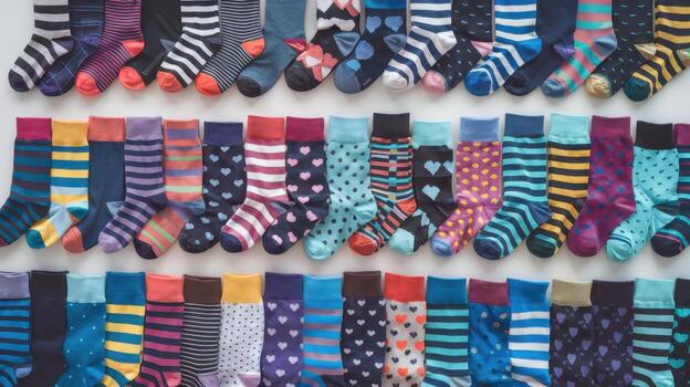Assorted Patterned Socks Arranged on a White Surface, Top View photo