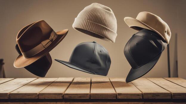 Assortment of Hats Levitating Above a Rustic Wooden Table Indoors in the Daytime photo