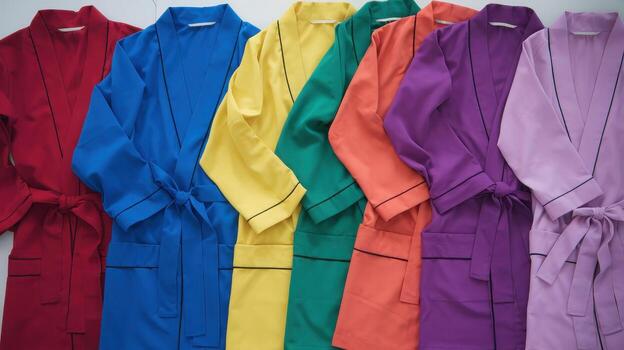 Row of Colorful Robes With Black Trim Detail Against a Plain Background photo