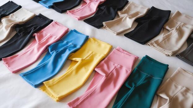 Colorful Leggings in a Row on a White Surface Show Variety and Style photo