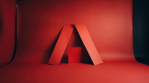 Red Backdrop With Angled Planes and Central Box in a Studio Setting photo
