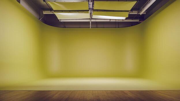 Empty Photography Studio With Green Screen and Wooden Floor at Daytime photo
