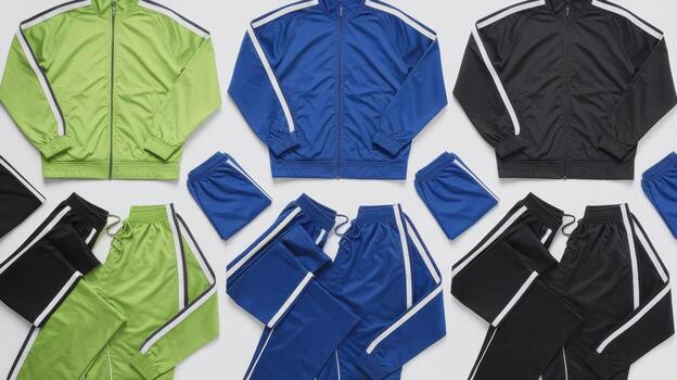 Various Colorful Tracksuits Arranged Neatly on a White Background Surface photo