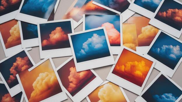 Scattered Square Prints Showing Beautiful Cloudscapes During Golden Hour and Blue Sky photo