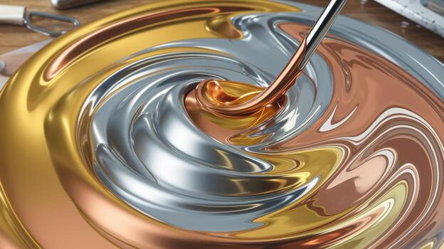 Metallic Colors Swirl in a Mesmerizing Pattern on a Wooden Surface photo