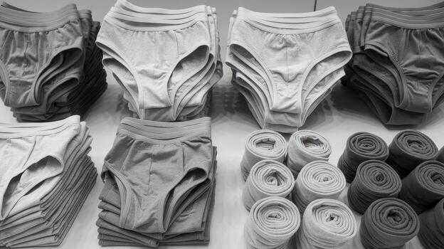 Many Piles of New Underwear and Rolled Socks in Store photo