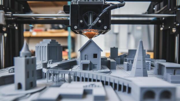 3d Printer Creating a Small Gray House in the Middle of a Miniature City photo