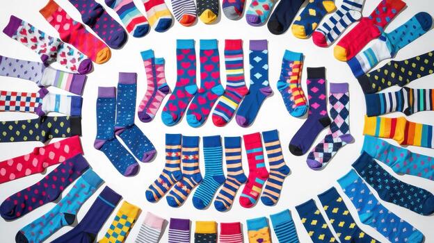 Colorful Collection of Socks Displays Vibrant Patterns on White Background photo