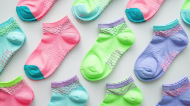 Colorful Ankle Socks Lay in a Pattern on a Bright White Background photo