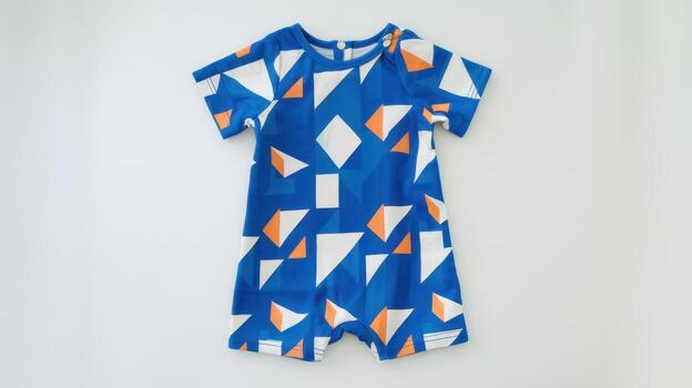 Blue Romper With Geometric Pattern for a Baby Lays on a White Surface photo