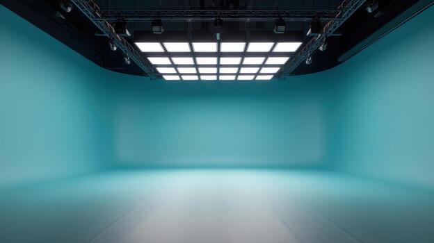 Empty Studio Room With Blue Walls and Ceiling Lights on a Black Support photo