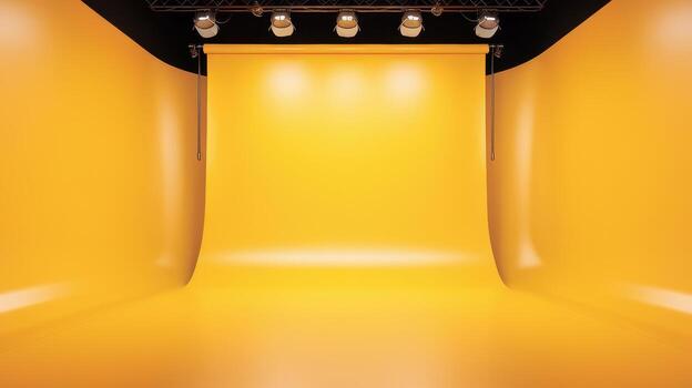 Professional Studio With a Bright Yellow Backdrop and Studio Lighting photo