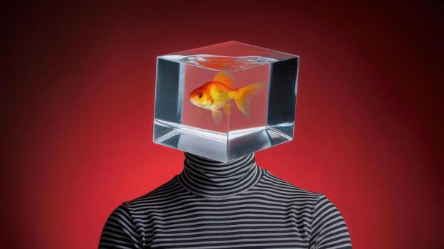 Person Wears Clear Cube With Goldfish Inside Against a Red Studio Backdrop photo