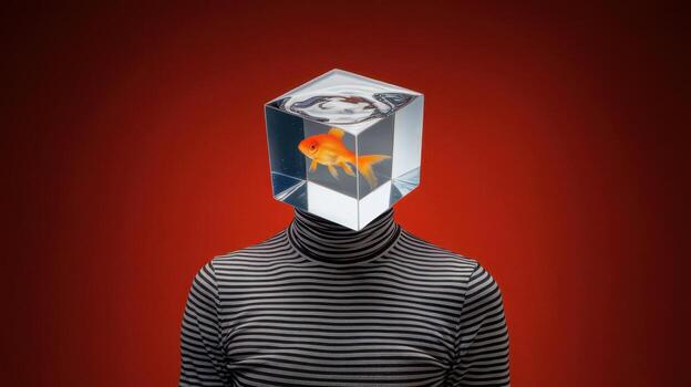 Person With Goldfish in Cube Over Head Stands in Front of Red Background photo