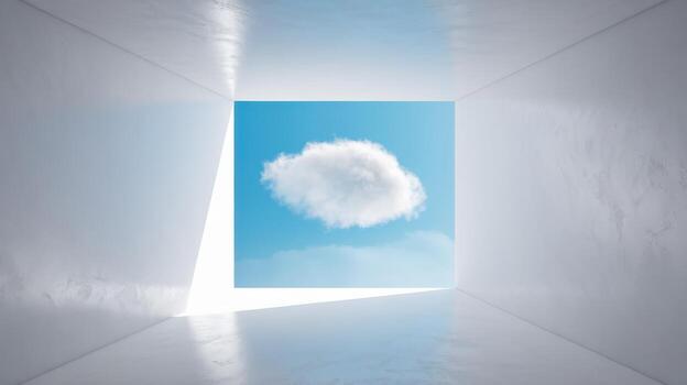 Abstract View of Cloud and Blue Sky Through a Square Opening Inside a White Hall photo