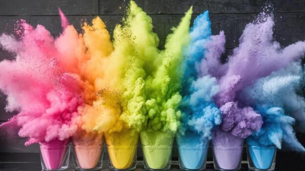 Rainbow Colors Exploding From Glass Cups in a Studio Setting photo