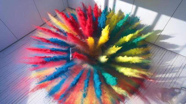 Vibrant Colored Powder Explosion on White Surface in Indoor Setting During Daytime photo