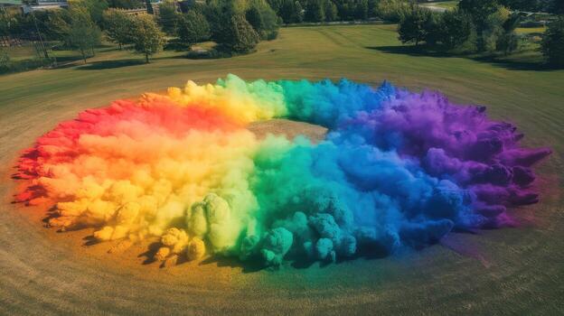 Aerial View of Rainbow Colored Powder Explosion in a Green Field During Daytime photo