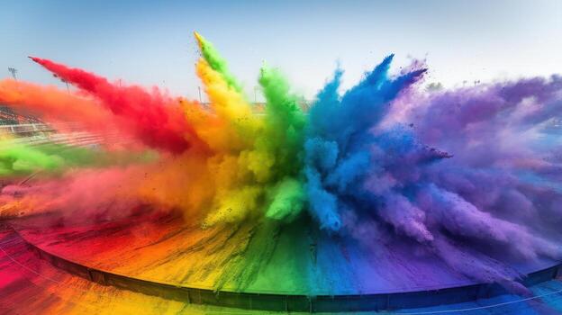 Colorful Holi Powder Explodes in Circular Stadium in India During Day photo