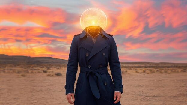 Figure in Trench Coat With Glowing Orb Head Stands in Vast Desert During Sunset photo
