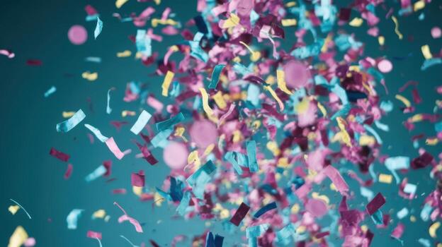 Colorful Confetti Falling Against a Teal Studio Background for a Party photo