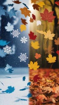 Autumn Leaves Falling, Winter Snow Blowing, Side by Side Showing Different Seasons photo