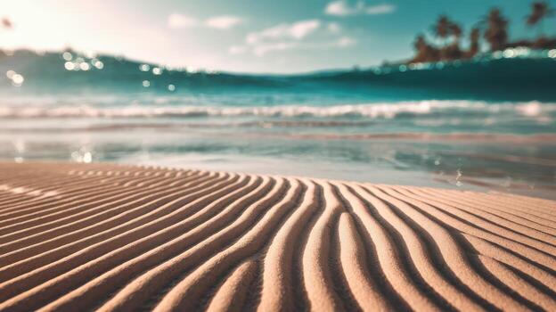 Sand Patterns on a Tropical Beach, Ocean Waves and Palm Trees in the Distance photo