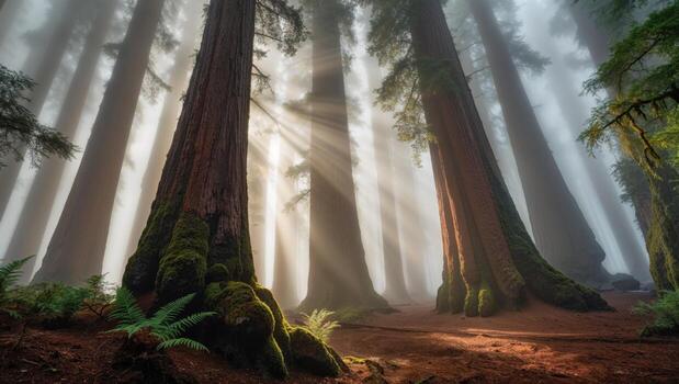 Majestic tall trees in a misty forest, with sunlight piercing through the fog, creating an ethereal atmosphere in the tranquil wilderness. photo