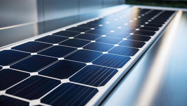 Solar Panel Array Sits on a Shiny, Modern Surface at Midday photo