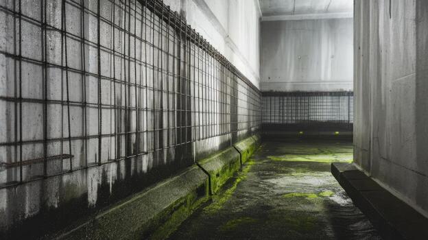 Long Gloomy Tunnel Shows Dampness and Moss in an Indoor Environment photo