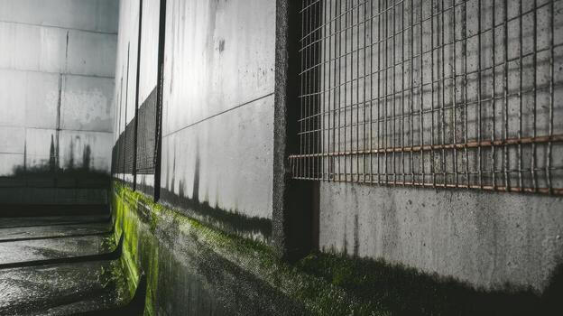 Moss Grows Along the Base of Concrete Walls With Metal Grating photo