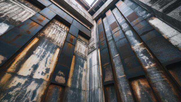 Low Angle Shot of a Large Concrete Building With Rust and Weathering Patterns photo