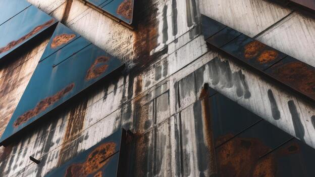 Grunge Concrete Facade With Rusted Triangular Metal Panels photo