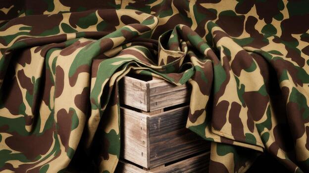 Green and Brown Camouflage Cloth Draped Over Stacked Wooden Crates photo