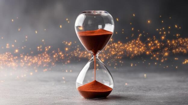 Hourglass With Red Sand Measuring Time Against Sparkle Background photo