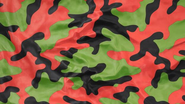 Red, Green, and Black Camouflage Pattern Fabric With a Wrinkled Surface photo
