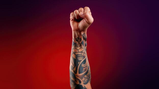 Tattooed Arm With a Clenched Fist Raised Against a Red and Purple Gradient Background photo